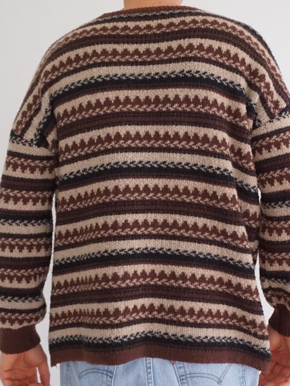 Vintage Brown Cream Nordic Fair Isle Stripe Fisherman Cabin Knit Sweater L - Picture 2 of 10